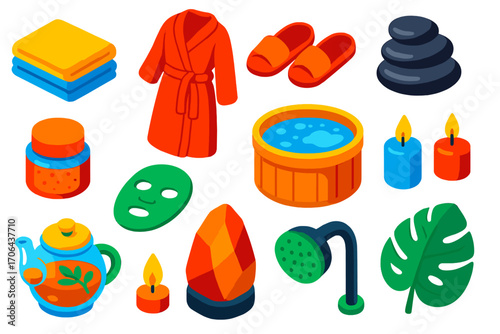 Spa Essentials Icons. Isometric vector illustration set Spa essentials: folded towels, bathrobe, slipper set, spa stones, body