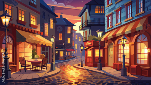 Charming cobblestone street lined with vintage lanterns and cozy cafés, warm evening glow creating a romantic, timeless atmosphere.