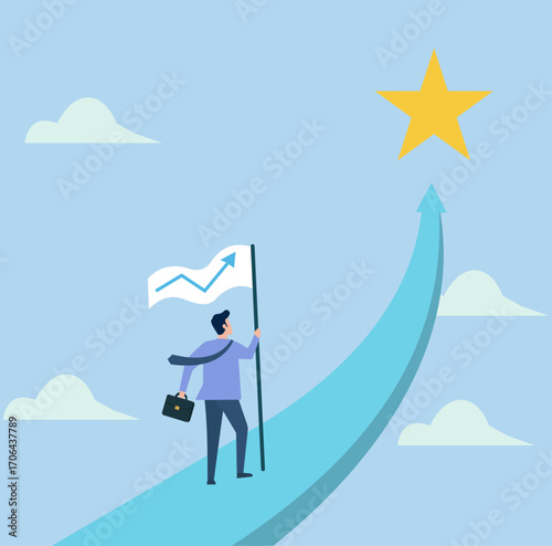 A business figure climbs a rising path toward a star, symbolizing ambition, growth, and the pursuit of professional excellence
