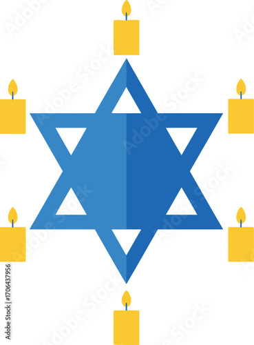A central Star of David surrounded by six glowing candles, symbolizing the spiritual warmth and light of the Hanukkah festival and Jewish traditions.