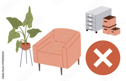 Comfortable chair, leafy plant, filing cabinet, storage boxes, prohibition mark. Ideal for organization, minimalism, decluttering workspace design order simplicity or mindfulness. Simple flat
