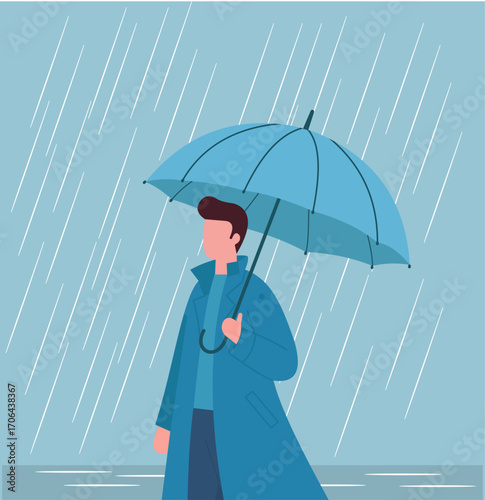 Solitude and serenity in the rain—minimalist figure under a blue umbrella, embracing calm amidst a gentle downpour