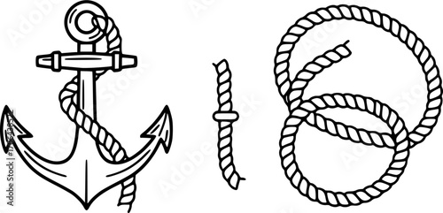 Ship anchor with rope icon set
