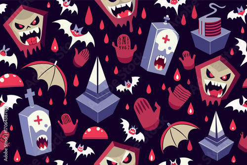 Spooky halloween vector seamless pattern with coffins bats and ghosts for festive design