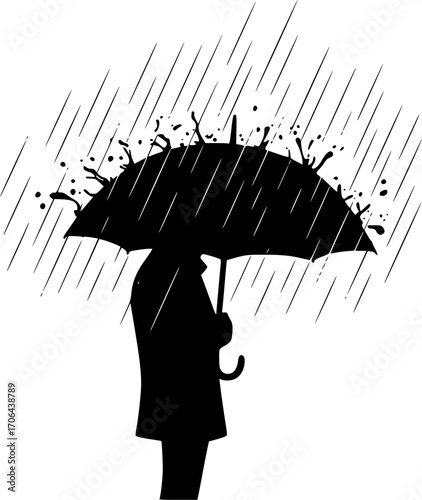 Red umbrella under heavy rain splash
