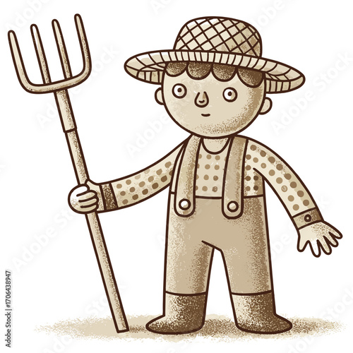 Cartoon farmer holding pitchfork and wearing straw hat in field  