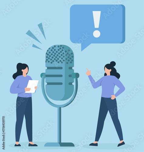 Two speakers engage around a giant mic, highlighting bold communication, public voice, and expressive media exchange