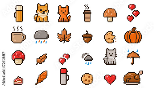 Cozy Autumn Pixel Art Collection Icons. Leaves, Pumpkin, Coffee, Mushrooms, Cat, Umbrella etc.