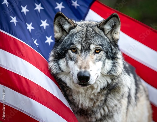 Gray wolf portrait with American flag