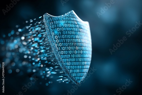 Futuristic shield made of binary code particles symbolizing cybersecurity, digital protection and virtual defense concept in glowing abstract technology design, Generative AI