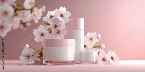 Wallpaper Mural Elegant Pink and White Skincare Products Flatlay with Cherry Blossoms Torontodigital.ca