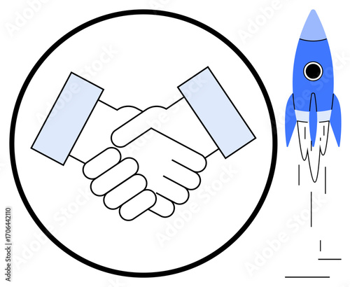 Handshake symbolizing partnership surrounded by a circle and a rocket representing growth, teamwork, and progress. Ideal for business growth, collaboration, innovation, entrepreneurship