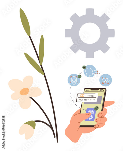 Hand holding smartphone verifying fingerprint access. Cogwheel and flower elements suggest harmony of technology and nature. Ideal for cybersecurity, innovation, eco-tech, biometrics, app security