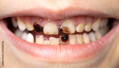 Child's mouth with decayed teeth.  Dark brown spots and damage visible on multiple teeth
