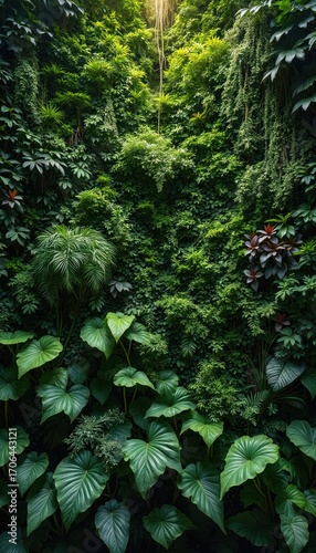 Vertical garden wall featuring diverse green leaves, ferns, vines. Natural botanical backdrop creates dense, decorative foliage arrangement, evoking tropical jungle feel. Perfect for nature-themed