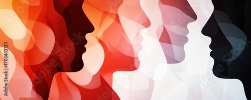 Abstract artwork featuring layered, colorful silhouettes of faces, creating a dynamic interplay of shapes and hues.