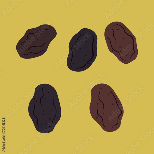 Dried Raisins Flat Design Vector Illustration on Yellow Background