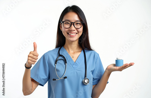 Asian doctor in blue scrubs, stethoscope presents small blue container on open palm, giving thumbs up. Smiling woman with glasses offers medical product recommendation, suggesting health care choice