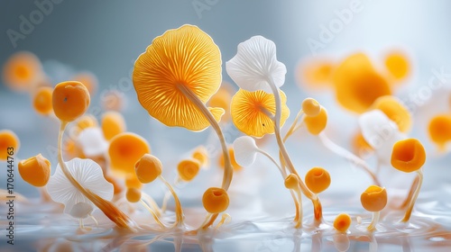 Artistic closeup of delicate orange fungi with white caps growing in surreal natural colony, abstract organic scene with forest style detail, Generative AI