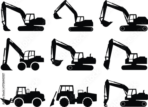Construction excavator silhouettes, backhoe loader, front loader, heavy machinery, earthmoving equipment, industrial icons, 