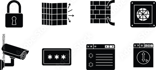 Cybersecurity icons, padlock, firewall, password protection, surveillance camera, browser security, data transfer, encryption, network safety, privacy, system protection, vector illustration set