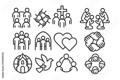 Christian Unity Icons. Line style icons of Christian unity: circle of people, joined hands, shared cross, group in prayer;