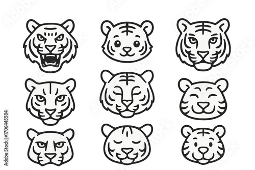 Tiger Face Icons. Line style icons of tiger faces: roaring tiger, baby tiger, tiger with stripes, front-facing tiger; tiger with