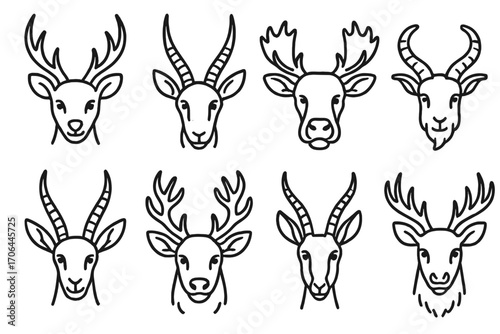 Forest Animal Icons. Line style icons of forest animal head group: deer, antelope, moose, goat; pronghorn, reindeer, gazelle, elk;