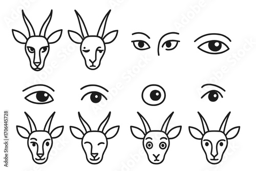 Antelope Eye Expressions. Line style icons of antelope eye expressions: sharp gaze, sleepy eyes, shy side glance, wide-eyed wonder