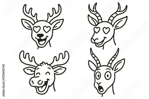 Expressive Horned Icons. Line style icons of expressive horned heads: deer with heart eyes, antelope in love, moose with joy,