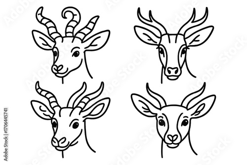 Deer-Antelope Line Icon. Line style icons of deer and antelope hybrids: deer with spiral horns, antelope with wide antlers,
