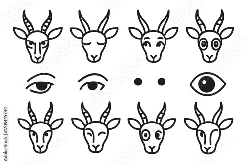 Antelope Eye Expressions. Line style icons of antelope eye expressions: sharp gaze, sleepy eyes, shy side glance, wide-eyed wonder