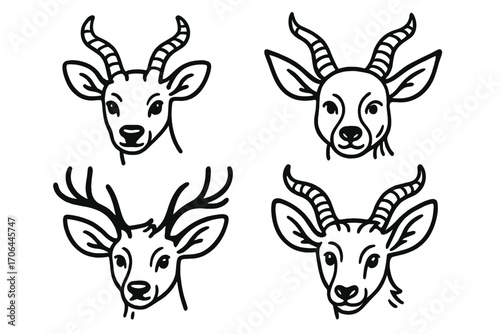 Deer-Antelope Line Icon. Line style icons of deer and antelope hybrids: deer with spiral horns, antelope with wide antlers,