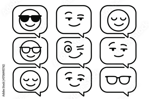 Stylish Emoji Icons. Line style icons of cool emoticons in speech bubbles: sunglasses face, smirking mouth, chill eyes, confident