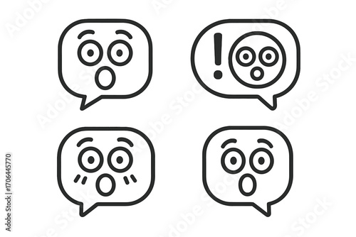 Surprised Emoticon Icons. Line style icons of surprised emoticons in speech bubbles: wide eyes, open round mouth, raised eyebrows,