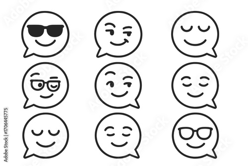 Stylish Emoji Icons. Line style icons of cool emoticons in speech bubbles: sunglasses face, smirking mouth, chill eyes, confident