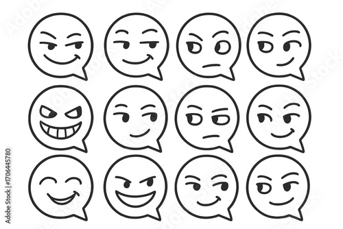 Playful Emoticon Icons. Line style icons of mischievous emoticons in speech bubbles: sly smile, smirk face, one eye squint, lifted