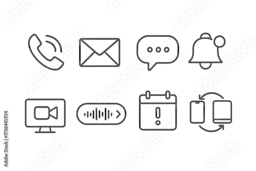 Modern Communication Icons. Line style icons of modern communication tools: phone, email, chat, notification; video call, audio