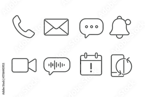 Modern Communication Icons. Line style icons of modern communication tools: phone, email, chat, notification; video call, audio