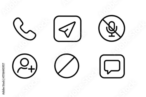 Communication Line Icons. Line style icons of interface communication buttons: call button, send message, mute toggle, video join