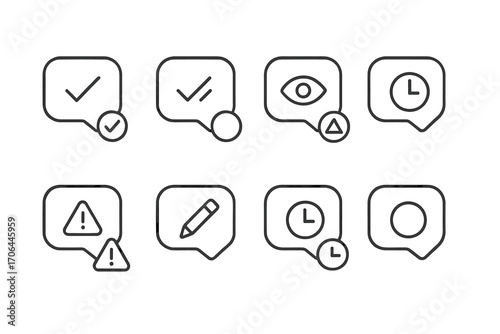 Message Status Icons. Line style icons of message status indicators: sent checkmark, delivered double check, seen eye icon,