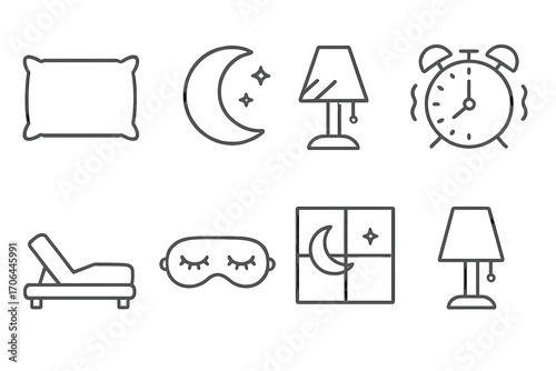 Bedtime Object Icons. Line style icons of bedtime objects: rectangular pillow, round moon, shaded night lamp, ringing alarm;