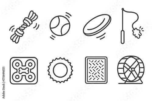Pet Playtime Icons. Line style icons of pet playtime items: tug rope, bouncing ball, frisbee, teaser wand; puzzle feeder, chew