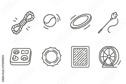 Pet Playtime Icons. Line style icons of pet playtime items: tug rope, bouncing ball, frisbee, teaser wand; puzzle feeder, chew