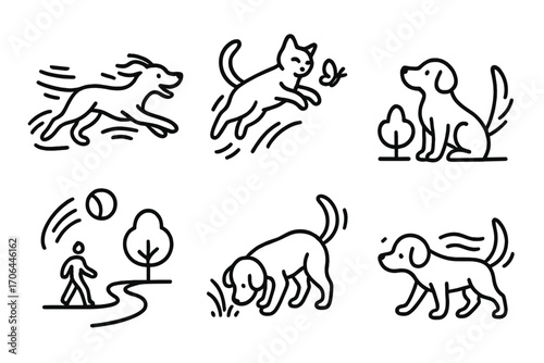 Outdoor Pet Activities. Line style icons of outdoor pet fun: running dog, jumping cat, pet with butterfly, sniffing grass; park