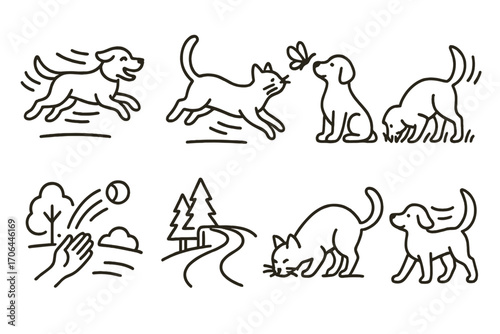 Outdoor Pet Activities. Line style icons of outdoor pet fun: running dog, jumping cat, pet with butterfly, sniffing grass; park
