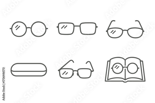 Line Style Reading Glasses. Line style icons of reading glasses: round glasses, rectangular glasses, half-rim frame, folded