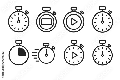 Stopwatch Icon Collection. Line style icons of stopwatch symbols: classic stopwatch, digital stopwatch, start button icon,