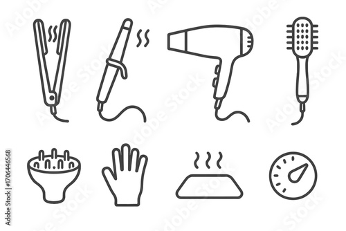 Heat Styling Icons. Line style icons of heat styling tools: flat iron, curling wand, blow dryer, hot brush; diffuser attachment,