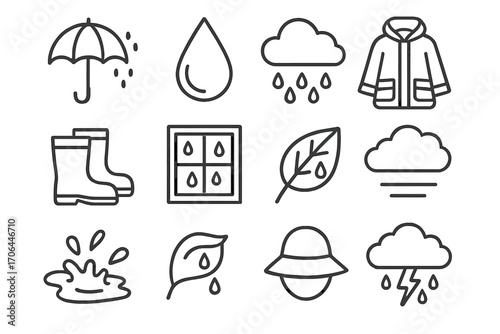 Rainy Day Essentials. Line style icons of rainy weather essentials: umbrella, raindrop, cloud, rain boots; window with droplets,